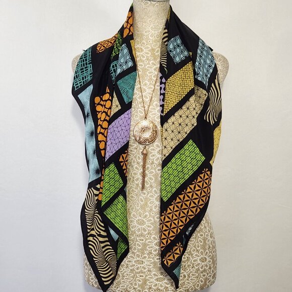 Vintage Escada Multi-Color Patchwork Quilt Black Background Silk Scarf Luxury - Picture 3 of 13